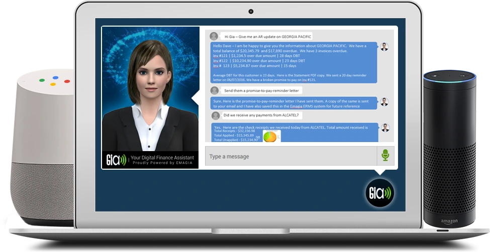 <div>AI-powered</div> <label>Gia</label> | Your Digital Finance Assistant 10 Redefine the way you engage with your customers using Gia - Emagia's AI-Powered Enterprise Digital Finance Assistant.